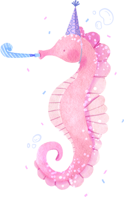 Watercolor Seahorse with Party Hat and Horn